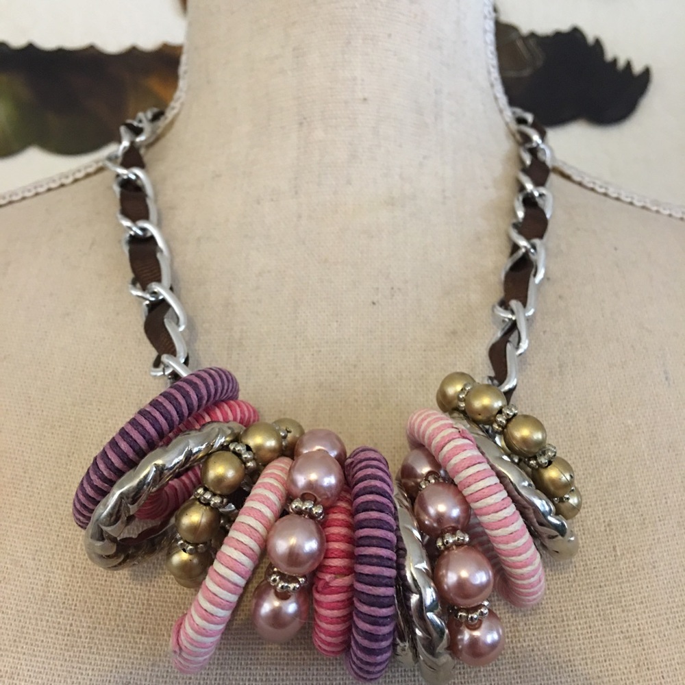 Multi color rings silk braided chain necklace